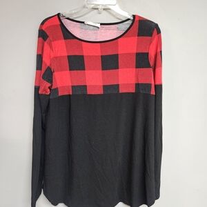 Red and Black Buffalo Plaid Long Sleeve Women's Large Top